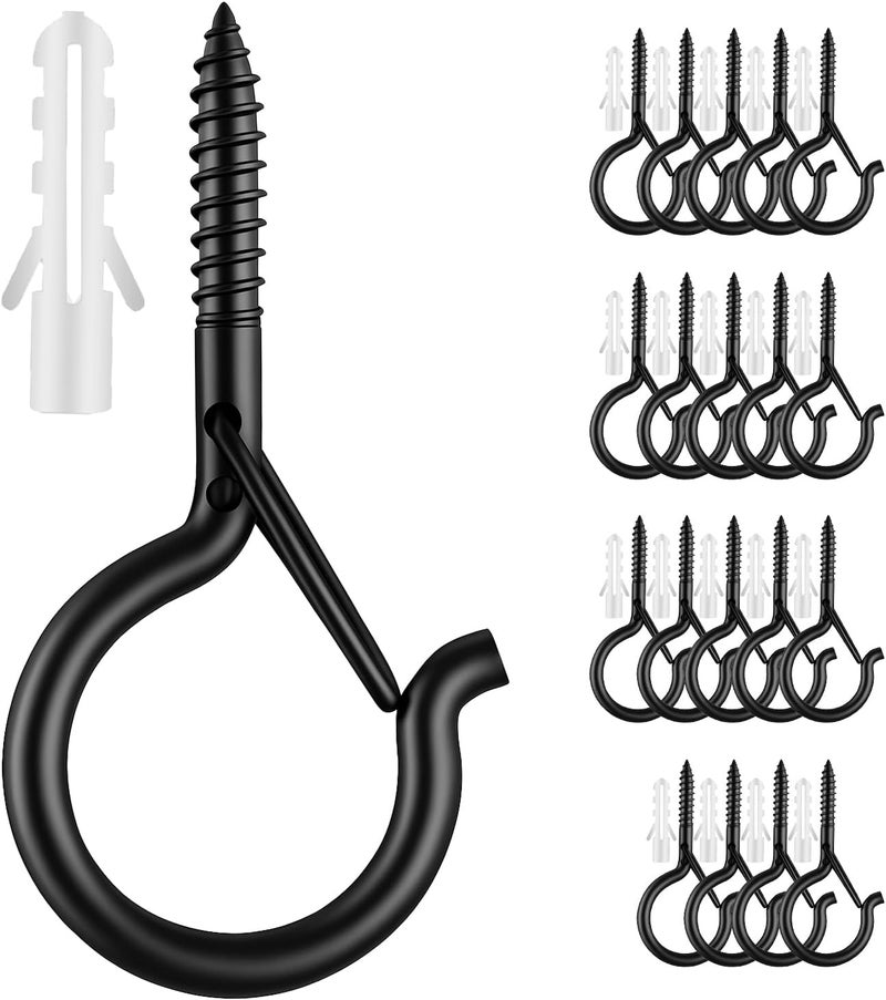 Moneek's Hardware 20 Pack Black Q Hooks for Hanging - Ceiling Hooks, Plant Hangers Outdoor, Safety Buckle, Weatherproof Clips, Screw Eye S, Heavy Duty Hooks for Outdoor String Lights Christmas Hanger - Image 1